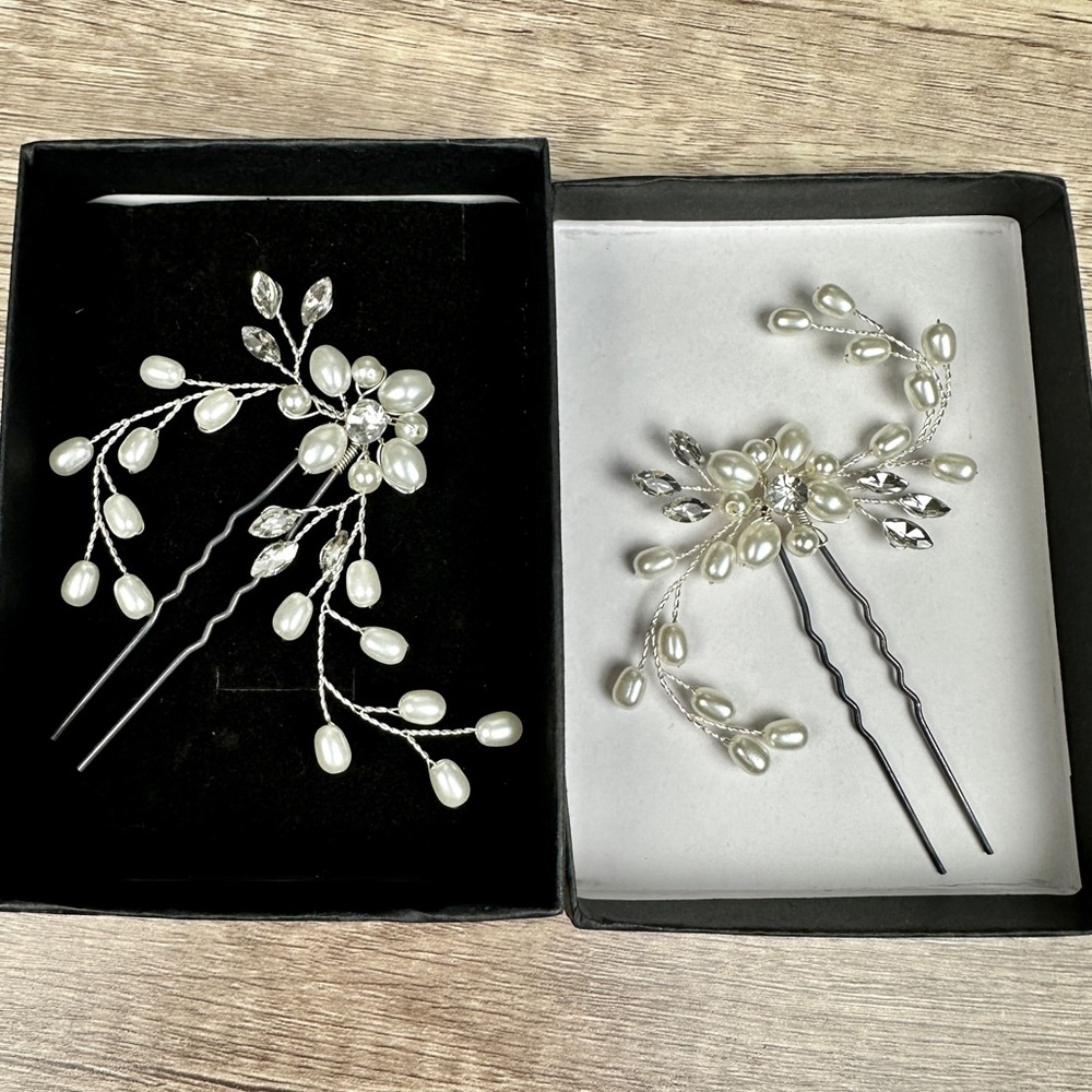 Women’s 2 decorative hair pins accent pieces special occasion, pearl and crystal